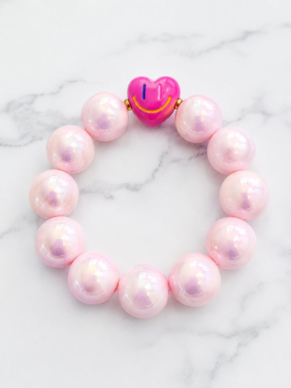 Pink Chunky Beaded Stretch Bracelet Smiley Heart Charm Y2K Jewelry